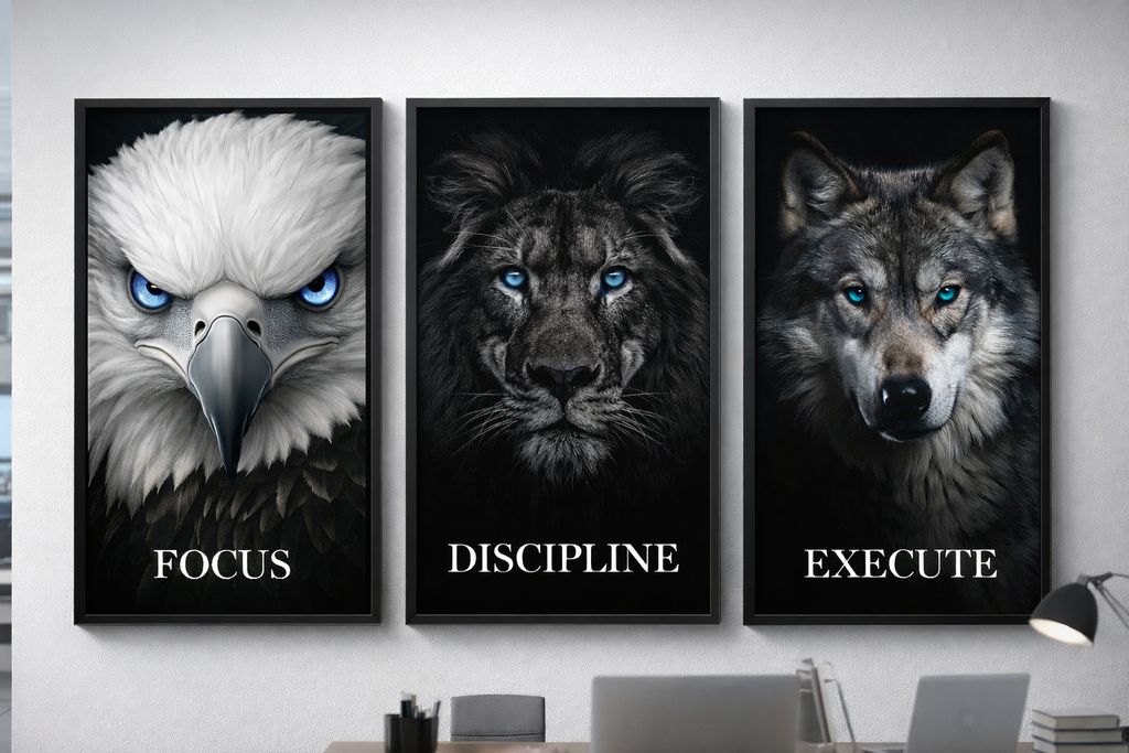 Eagle Lion Wolf Posters with Focus Discipline Execute Quote, Modern Office Decor